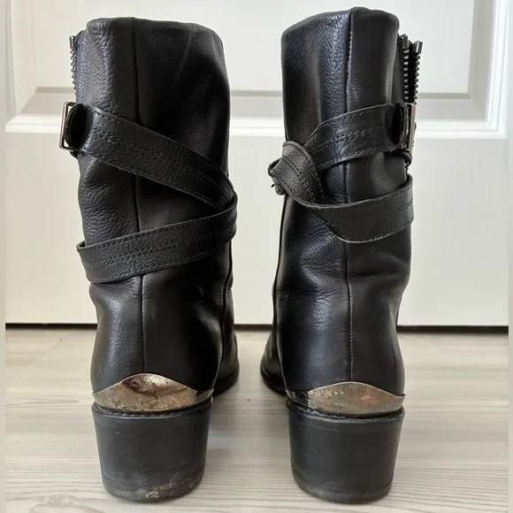Stuart Weitzman Size 9 Leather Mid-Calf Moto Boots Wrap-Around Strap Boots - Picture 4 of 7